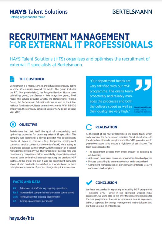 HAYS Talent Solutions organisiert bei Bertelsmann die Beschaffung externer IT-Fachkräfte.