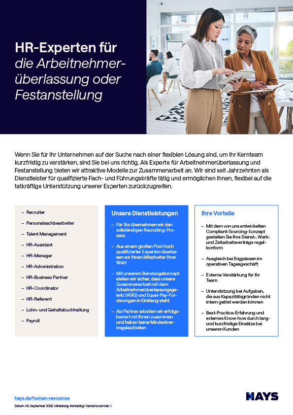 Hays Factsheet Festanstellungen im Bereich Human Resources