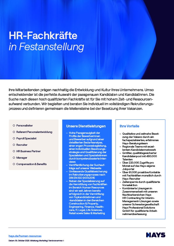 Hays Factsheet Festanstellungen im Bereich Human Resources Hays Factsheet Festanstellungen im Bereich Human Resources