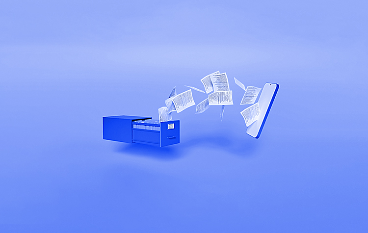 Aktenschrank mit Papieren die in ein Handy fliegen