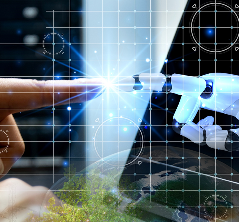 Futuristische Roboterhand und Finger eines Menschen mit Globus und Bäumen