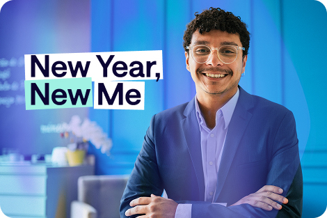 Mann lächelt in Kamera und der Text "New Year, new Me" steht neben seinem Kopf