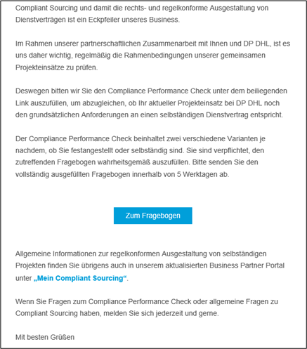 Screenshot der Nachricht zum Compliance Performance Check