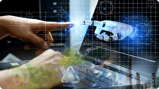 Roboterfinger und Menschenfinger berühren sich an der Spitze und ein Licht glimmt auf