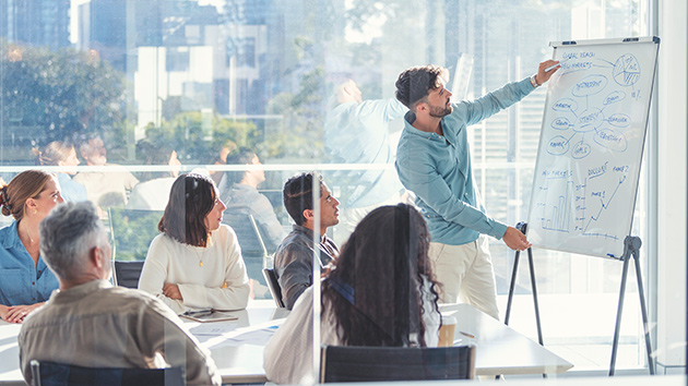 Ein Mitarbeitender präsentiert anderen Kollegen und Kolleginnen im Meetingraum auf einem Whiteboard seine Ideen.